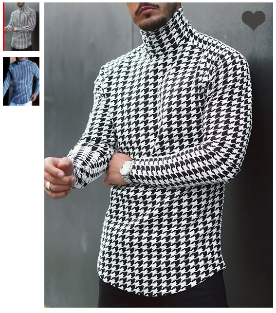 Turtleneck Houndstooth Casual Pullover Men's T-shirt